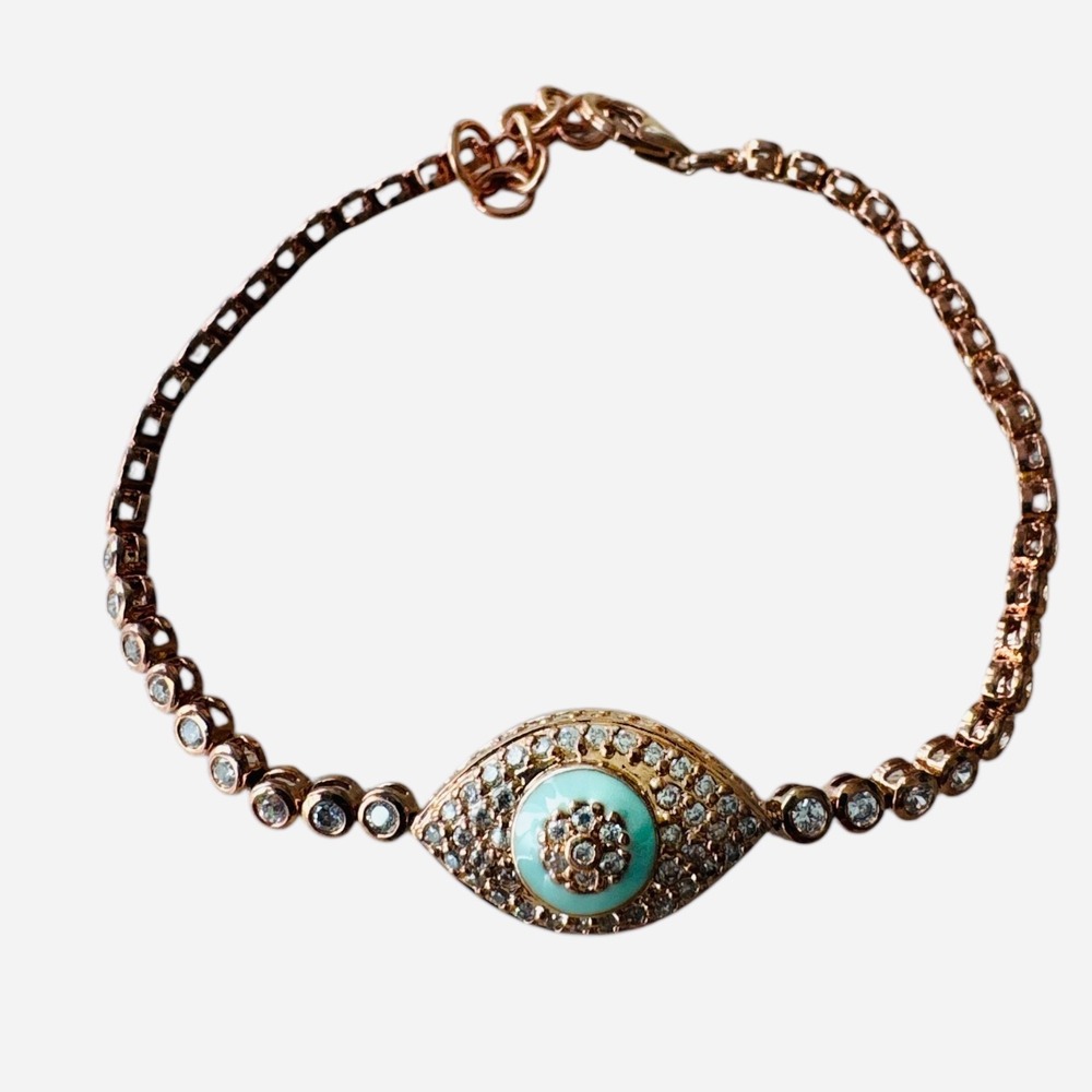 925 Silver Rose Gold Evil Eye Bracelet Triple HTZ Moissanite 7.5–8" Charm New
